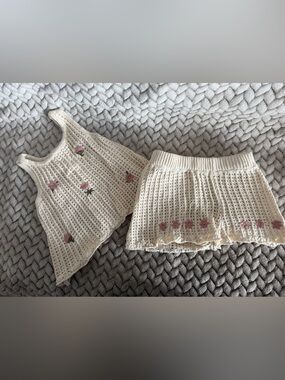 Cream Crochet Flower Tank & Skirt Kids Matching Set